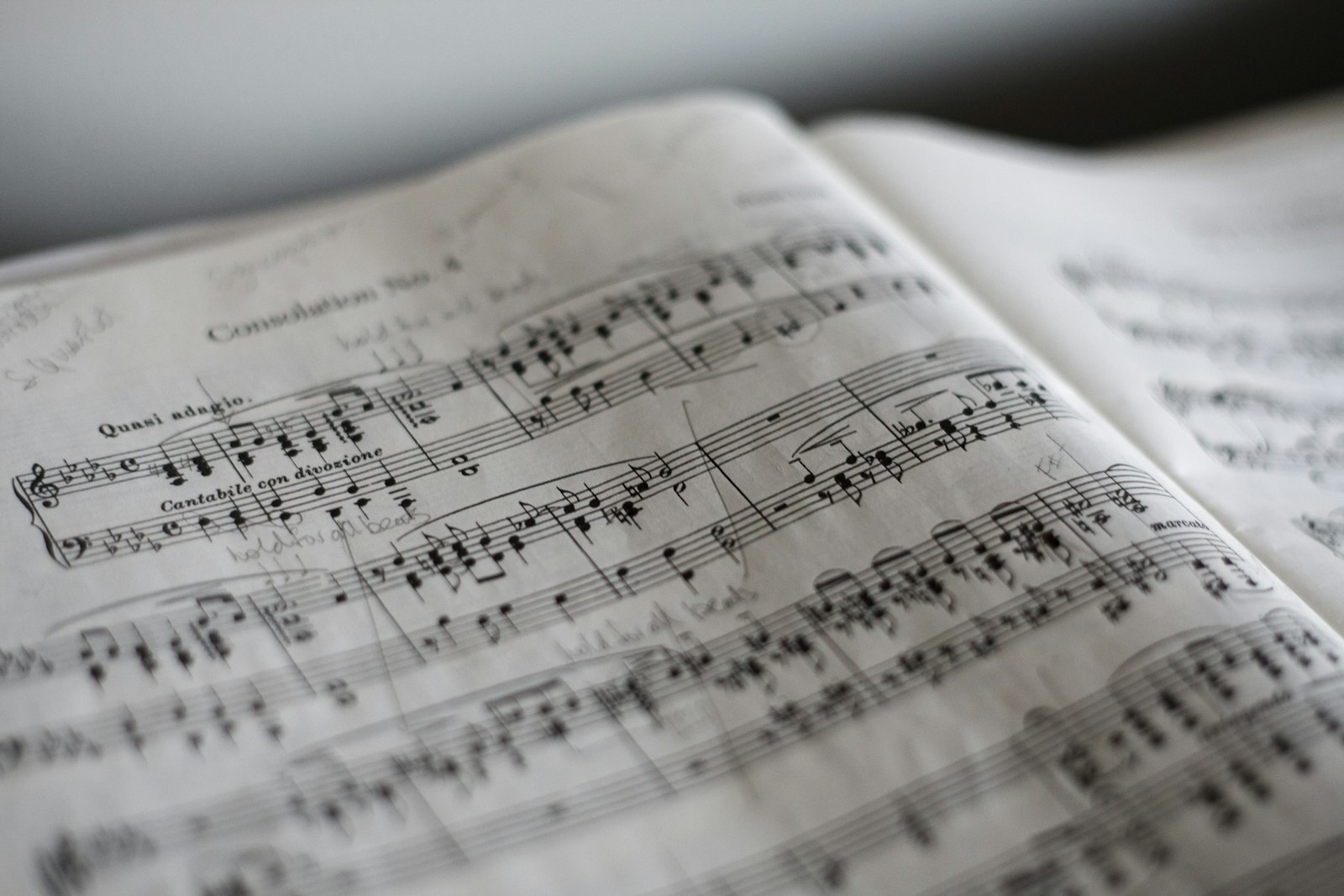 Open book of sheet music in soft light